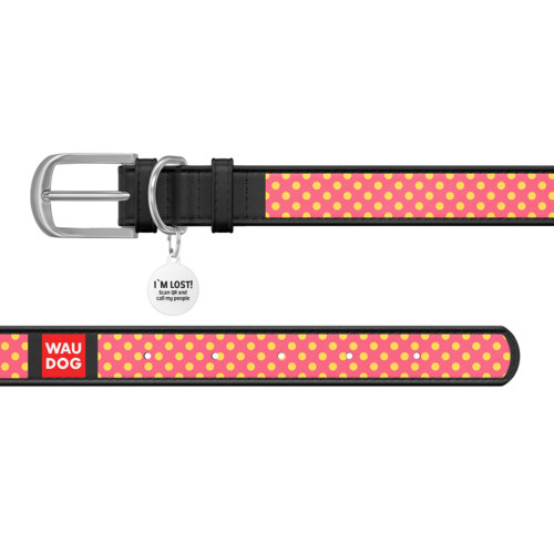Ошейник WAUDOG Design с рисунком "Розовая полька", чёрная премиум кожа, металлическая пряжка
