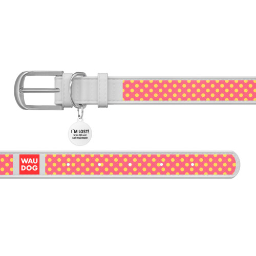 Ошейник WAUDOG Design с рисунком "Розовая полька", белая премиум кожа, металлическая пряжка