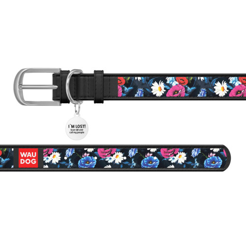 Ошейник WAUDOG Design с рисунком "Летний луг", чёрная премиум кожа, металлическая пряжка