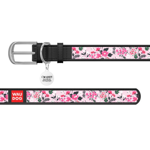 Ошейник WAUDOG Design с рисунком "Нежность", чёрная премиум кожа, металлическая пряжка