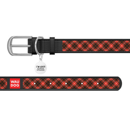 Ошейник WAUDOG Design с рисунком "Шотландка", чёрная премиум кожа, металлическая пряжка