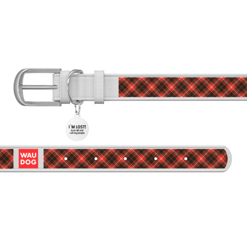 Ошейник WAUDOG Design с рисунком "Шотландка", белая премиум кожа, металлическая пряжка