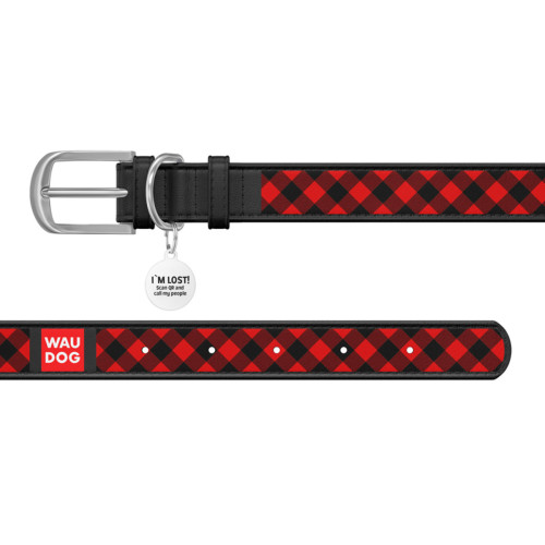 Ошейник WAUDOG Design с рисунком "Шотландка красная", чёрная премиум кожа, металлическая пряжка