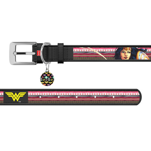 Ошейник для собак кожаный WAUDOG Design чёрного цвета, рисунок "Чудо-женщина"