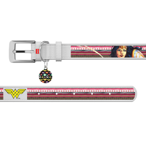 Ошейник для собак кожаный WAUDOG Design белого цвета, рисунок "Чудо-женщина"