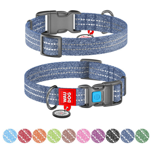 Ошейник из восстановленного хлопка WAUDOG Re-cotton светоотражающий синего цвета