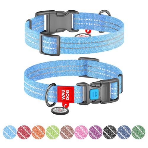Ошейник из восстановленного хлопка WAUDOG Re-cotton светоотражающий голубого цвета
