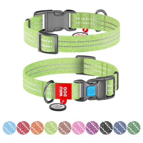 Ошейник из восстановленного хлопка WAUDOG Re-cotton светоотражающий салатового цвета
