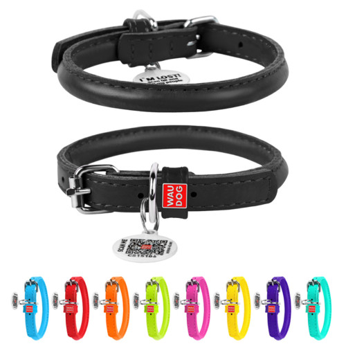 Ошейник для собак кожаный "WAUDOG Glamour" круглый черного цвета с QR паспортом