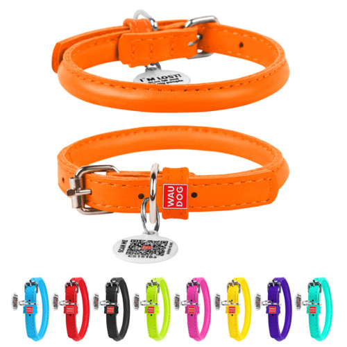 Ошейник для собак кожаный "WAUDOG Glamour" круглый оранжевого цвета с QR паспортом