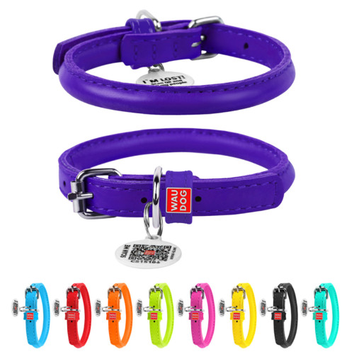 Ошейник для собак кожаный "WAUDOG Glamour" круглый фиолетового цвета с QR паспортом