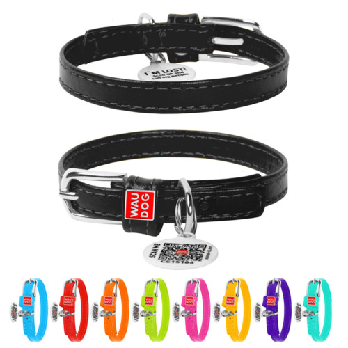 Ошейник для собак "WAUDOG Glamour" кожаный черного цвета с QR паспортом