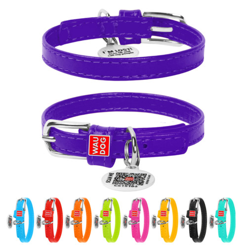 Ошейник для собак "WAUDOG Glamour" кожаный фиолетового цвета с QR паспортом