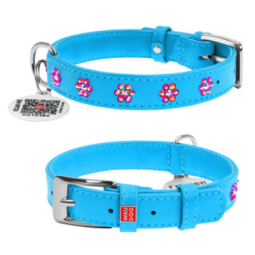 Ошейник для собак WAUDOG Glamour кожаный "Цветы" голубой со стразами и QR паспортом