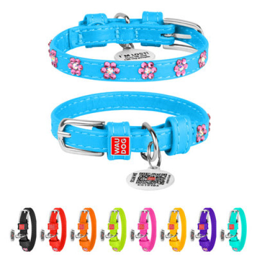 Ошейник для собак WAUDOG Glamour кожаный "Цветы" голубой со стразами и QR паспортом