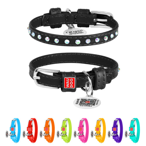Ошейник для собак WAUDOG Glamour кожаный черный со стразами и QR паспортом