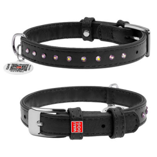 Ошейник для собак WAUDOG Glamour кожаный черный со стразами и QR паспортом