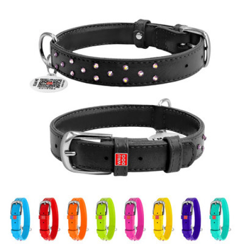Ошейник для собак WAUDOG Glamour кожаный черный со стразами и QR паспортом