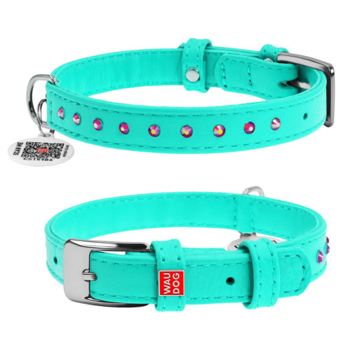Нашийник для собак шкіряний WAUDOG Glamour зі стразами, ментоловий