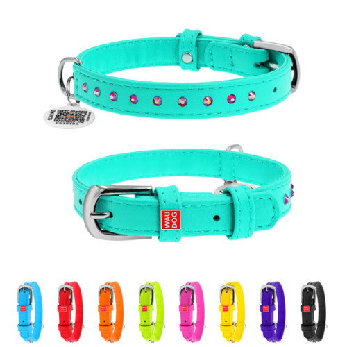 Нашийник для собак шкіряний WAUDOG Glamour зі стразами, ментоловий