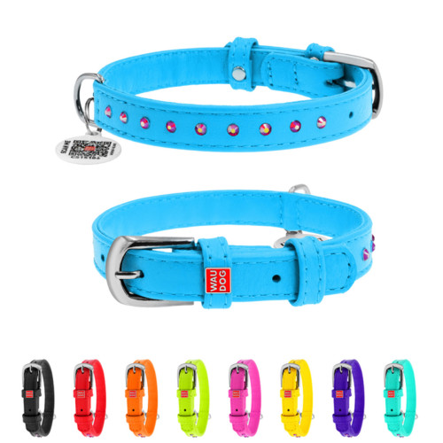 Нашийник для собак WAUDOG Glamour шкіряний, блакитний, зі стразами