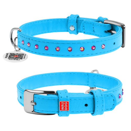 Нашийник для собак WAUDOG Glamour шкіряний, блакитний, зі стразами