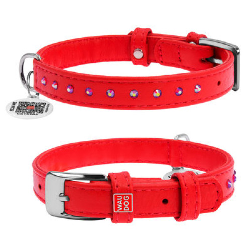 Нашийник для собак WAUDOG Glamour шкіряний червоний зі стразами та QR паспортом