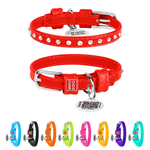Нашийник для собак WAUDOG Glamour шкіряний червоний зі стразами та QR паспортом