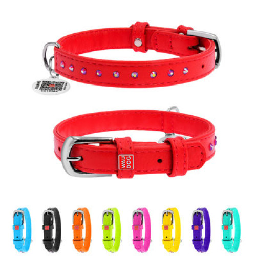 Нашийник для собак WAUDOG Glamour шкіряний червоний зі стразами та QR паспортом
