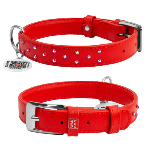 Нашийник для собак WAUDOG Glamour шкіряний червоний зі стразами та QR паспортом