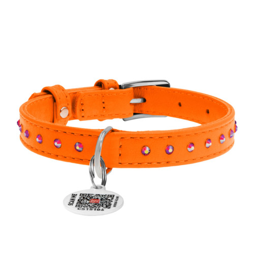 Нашийник для собак шкіряний WAUDOG Glamour, з клейовими стразами, помаранчевий