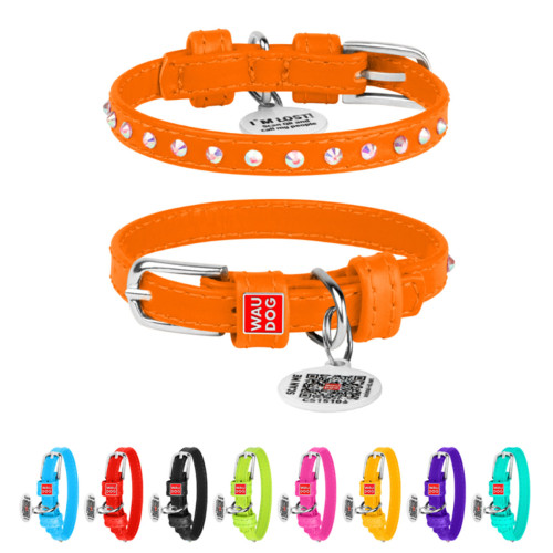Нашийник для собак шкіряний WAUDOG Glamour, з клейовими стразами, помаранчевий