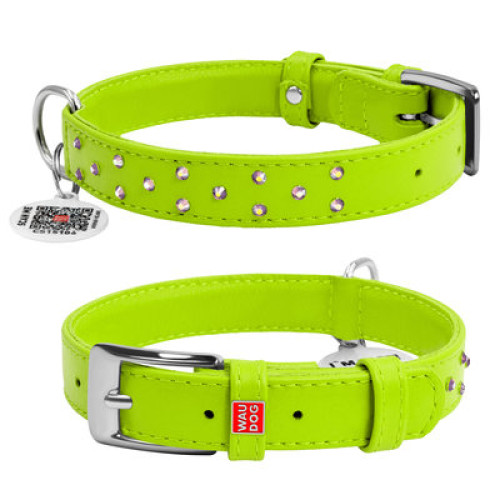 Нашийник для собак WAUDOG Glamour шкіряний салатовий зі стразами та QR паспортом