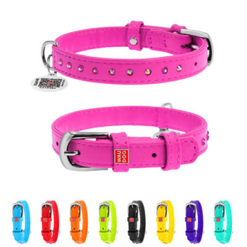 Нашийник для собак WAUDOG Glamour шкіряний рожевий зі стразами та QR паспортом