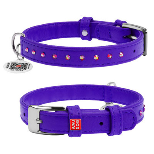 Нашийник для собак WAUDOG Glamour шкіряний фіолетовий зі стразами та QR паспортом