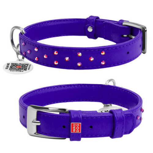 Нашийник для собак WAUDOG Glamour шкіряний фіолетовий зі стразами та QR паспортом