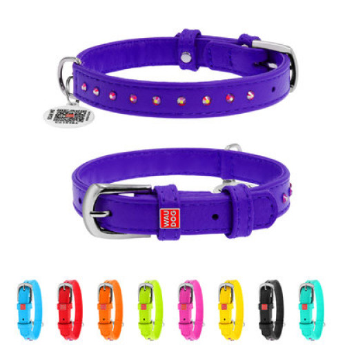 Нашийник для собак WAUDOG Glamour шкіряний фіолетовий зі стразами та QR паспортом