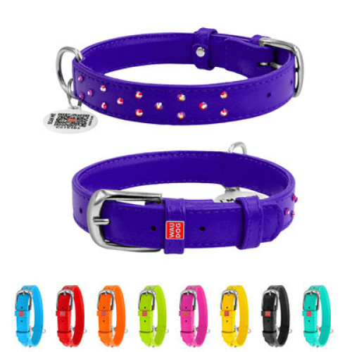 Нашийник для собак WAUDOG Glamour шкіряний фіолетовий зі стразами та QR паспортом