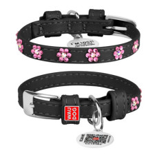 Нашийник для собак WAUDOG Glamour шкіряний чорний зі стразами "Квіти" та QR паспортом