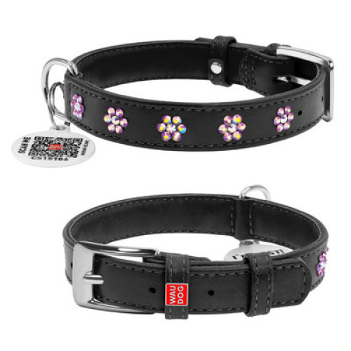 Ошейник для собак WAUDOG Glamour кожаный чёрный со стразами "Цветы" и QR паспортом