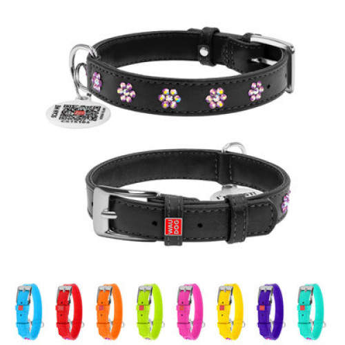 Ошейник для собак WAUDOG Glamour кожаный чёрный со стразами "Цветы" и QR паспортом