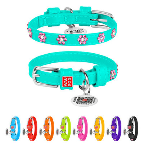 Ошейник для собак WAUDOG Glamour кожаный ментоловый со стразами "Цветы" и QR паспортом