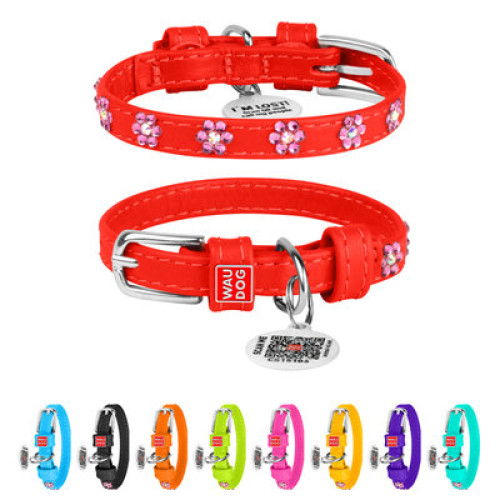 Ошейник для собак WAUDOG Glamour кожаный красный со стразами "Цветы" и QR паспортом