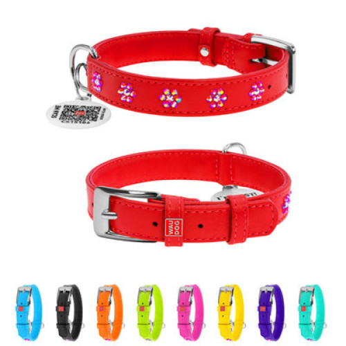 Ошейник для собак WAUDOG Glamour кожаный красный со стразами "Цветы" и QR паспортом
