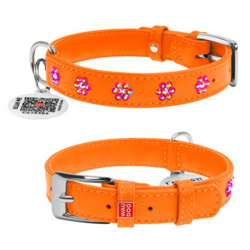 Ошейник для собак WAUDOG Glamour кожаный оранжевый со стразами "Цветы" и QR паспортом