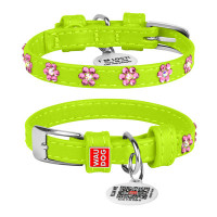 Ошейник для собак WAUDOG Glamour кожаный салатовый со стразами "Цветы" и QR паспортом