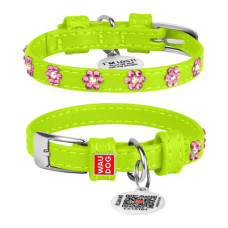 Нашийник для собак WAUDOG Glamour шкіряний салатовий зі стразами "Квіти" та QR паспортом
