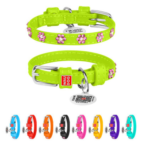 Ошейник для собак WAUDOG Glamour кожаный салатовый со стразами "Цветы" и QR паспортом