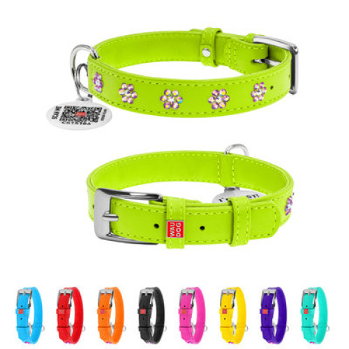 Ошейник для собак WAUDOG Glamour кожаный салатовый со стразами "Цветы" и QR паспортом