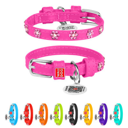 Ошейник для собак WAUDOG Glamour кожаный розовый со стразами "Цветы" и QR паспортом